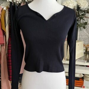 Brandy Melville Navy Ribbed Long Sleeve Cotton Top